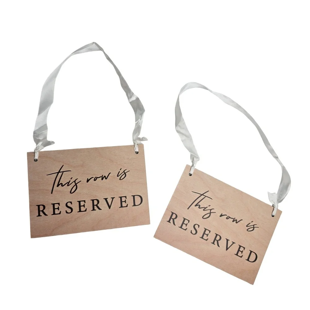 12 Pack Wooden Reserved Row Sign for Wedding Ceremony Natural Wood White Ribbon